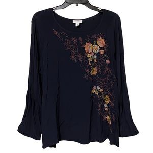 j. jill Navy Blue Long Sleeve Floral Embroidered Blouse